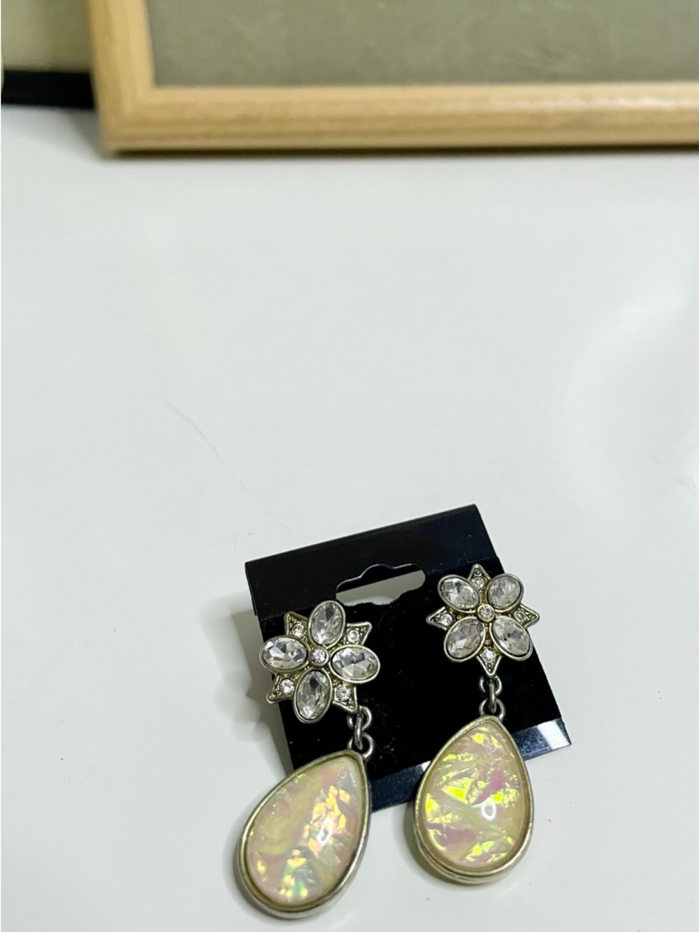 Gold-Tone Iridescent Teardrop Dangle Earrings - Flower Cluster Design
